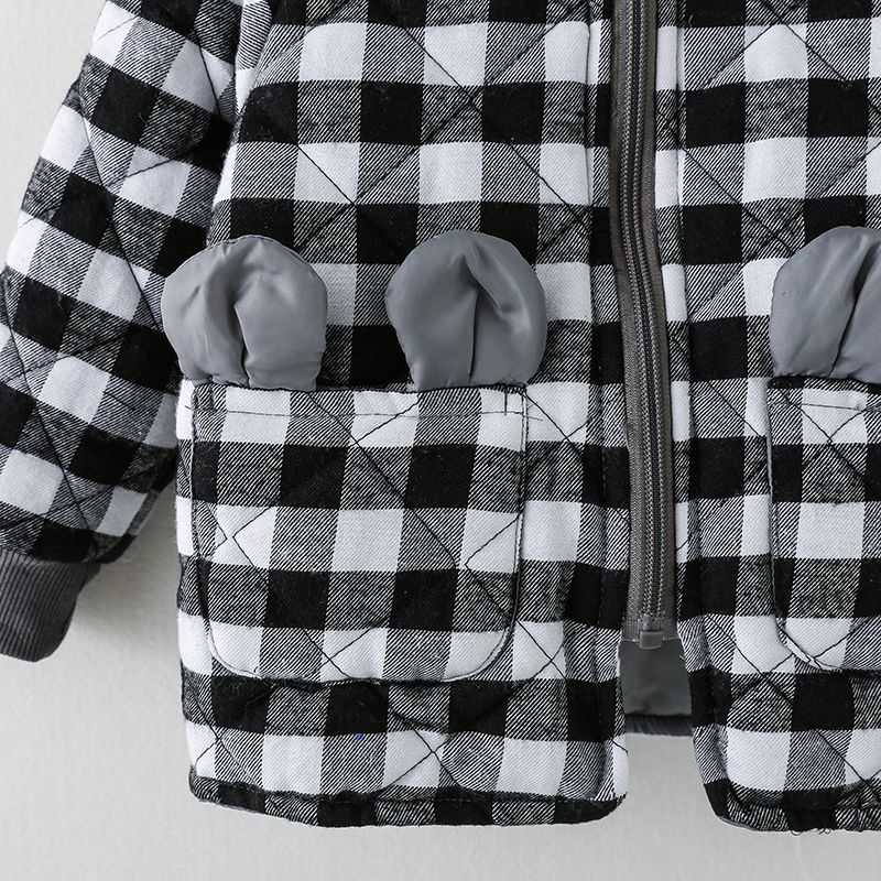 Kleinkind Junge Plaid Ohr Design Reißverschluss Mantel Schwarz und weiß big image 5