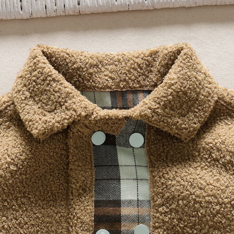 Toddler Boy Preppy style Plaid Splice Lapel Collar Fleece Coat Brown big image 4