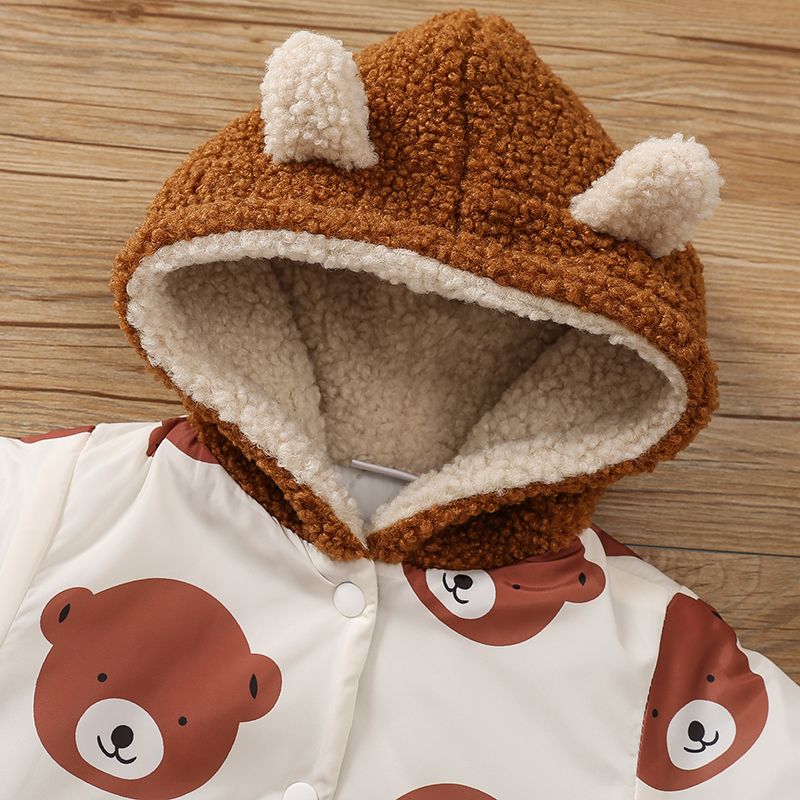 Baby Girl Fleece Hooded Spliced Allover Bear Print Button Front Long-sleeve Thermal Lined Coat Brown big image 3