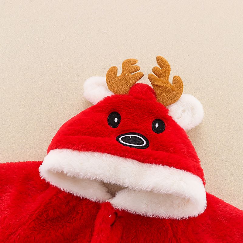 Toddler Girl/Boy Christmas Deer Antlers Design Fleece Hooded Coat Red big image 4