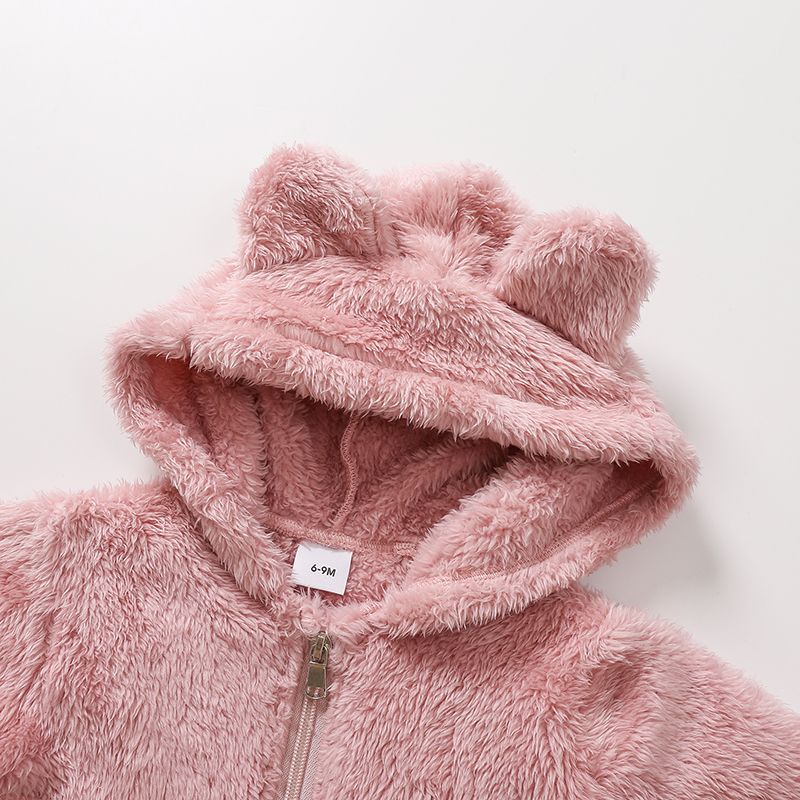 Baby Girl Pink Thermal Fuzzy 3D Ears Hooded Coat Pink big image 3
