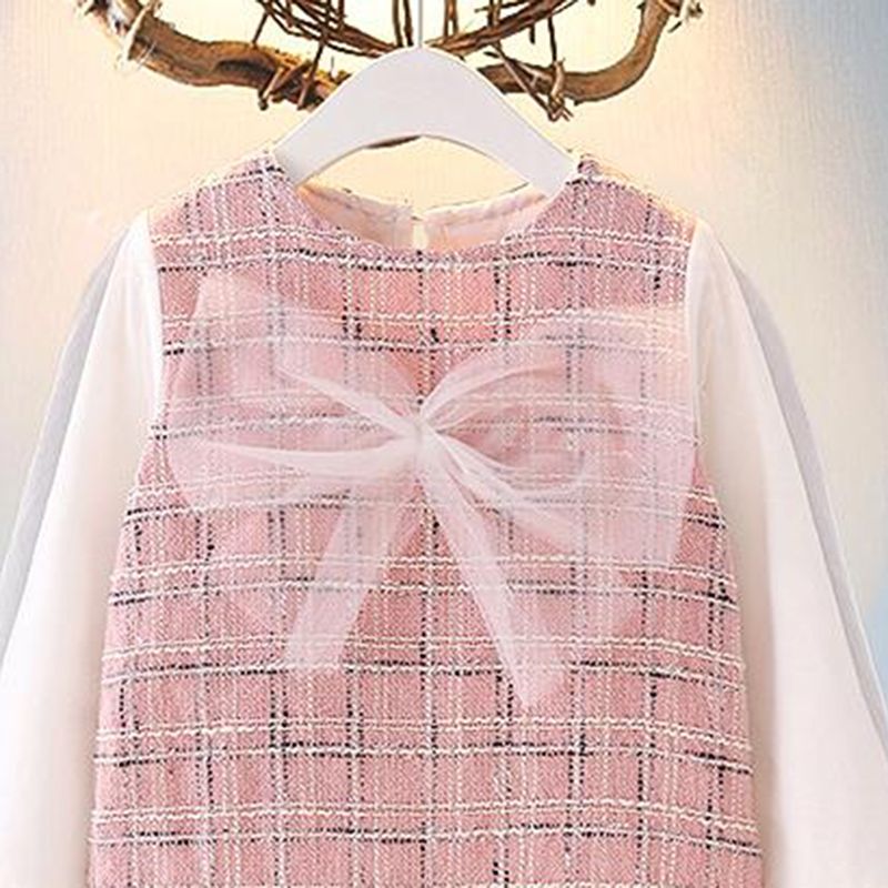 Toddler Girl Sweet Tweed Plaid Mesh Splice Bowknot Design Dress Pink big image 3