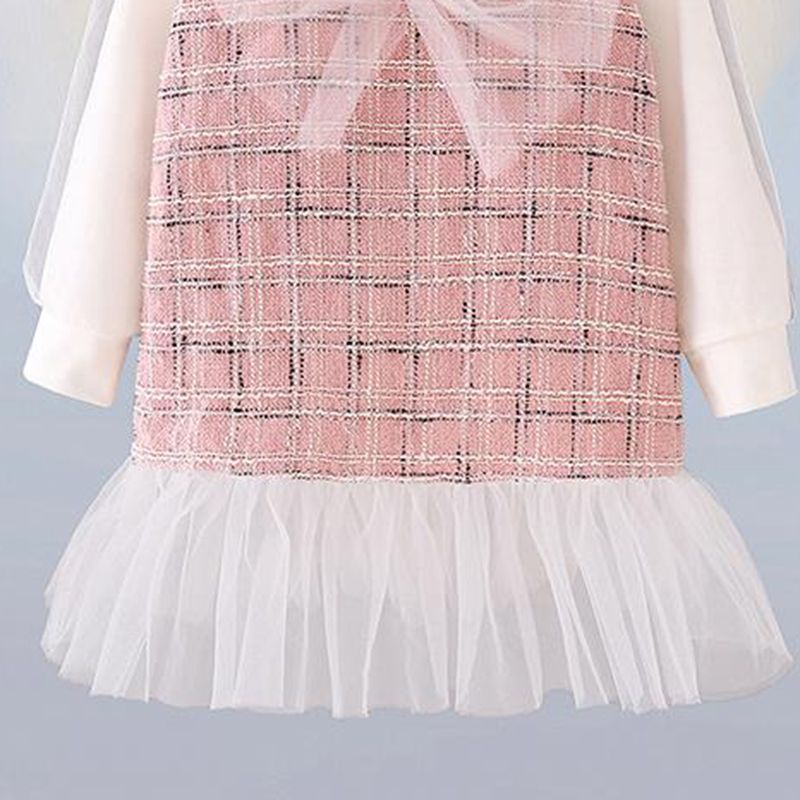 Toddler Girl Sweet Tweed Plaid Mesh Splice Bowknot Design Dress Pink big image 4