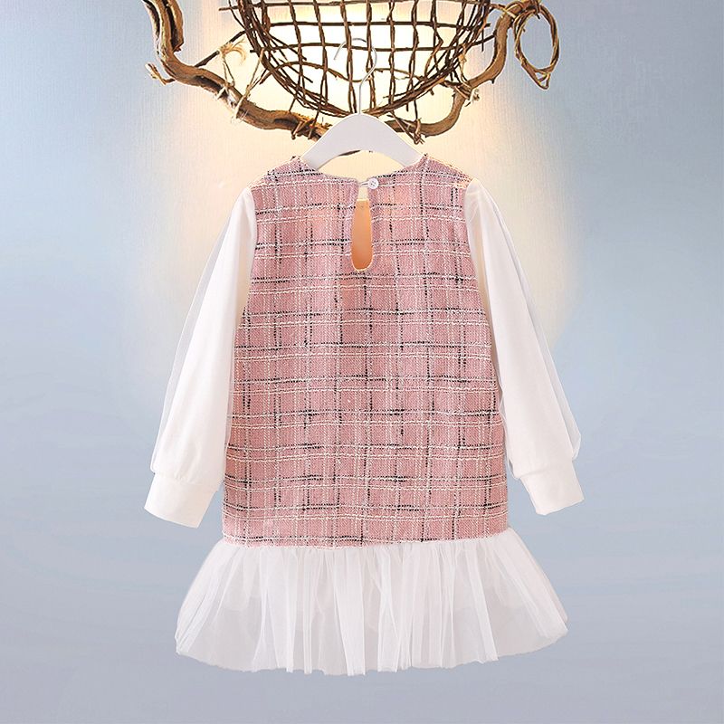 Toddler Girl Sweet Tweed Plaid Mesh Splice Bowknot Design Dress Pink big image 2