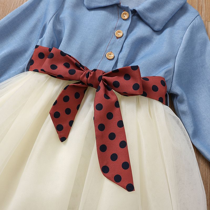 Toddler Girl Sweet Denim Mesh Splice Belted Long-sleeve Dress DENIMBLUE big image 4