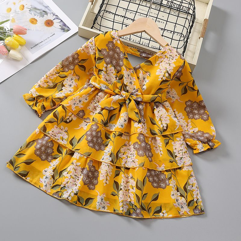 Toddler Girl Elegant Floral Print V Neck Layered Long-sleeve Dress Yellow big image 1