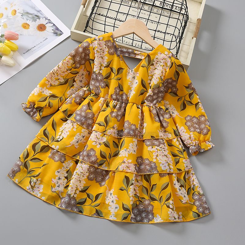 Toddler Girl Elegant Floral Print V Neck Layered Long-sleeve Dress Yellow big image 2