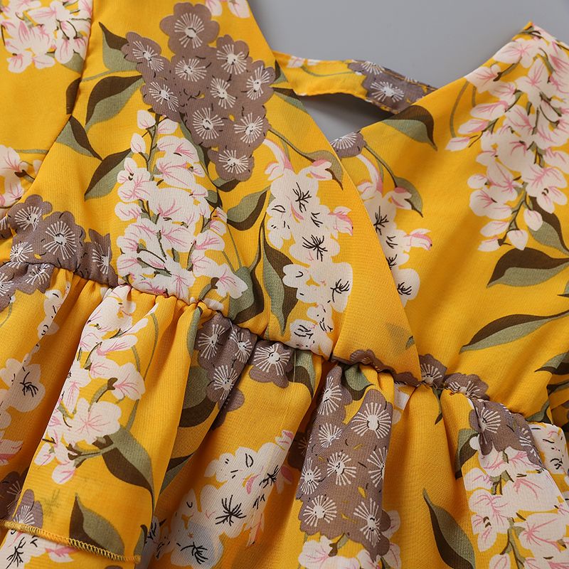 Toddler Girl Elegant Floral Print V Neck Layered Long-sleeve Dress Yellow big image 3