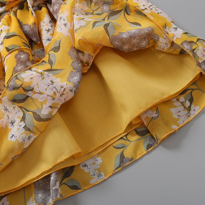 Toddler Girl Elegant Floral Print V Neck Layered Long-sleeve Dress Yellow big image 4