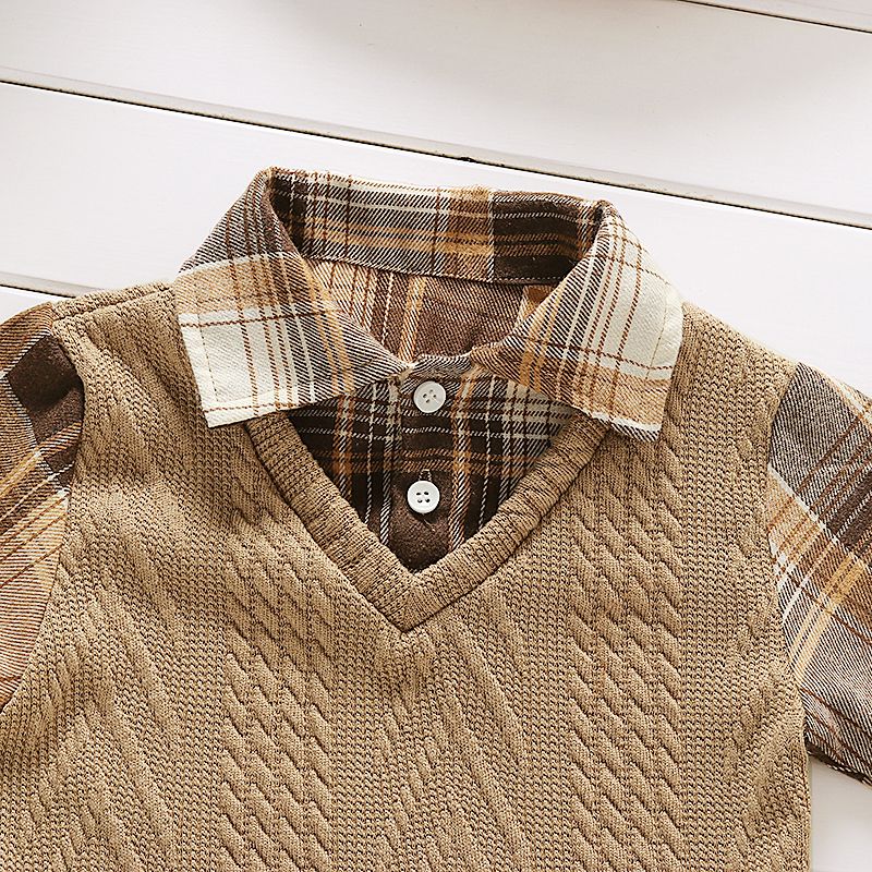 2pcs Toddler Boy Preppy style Faux-two Plaid Textured Shiirt and Pocket Design Pants Set Khaki big image 3