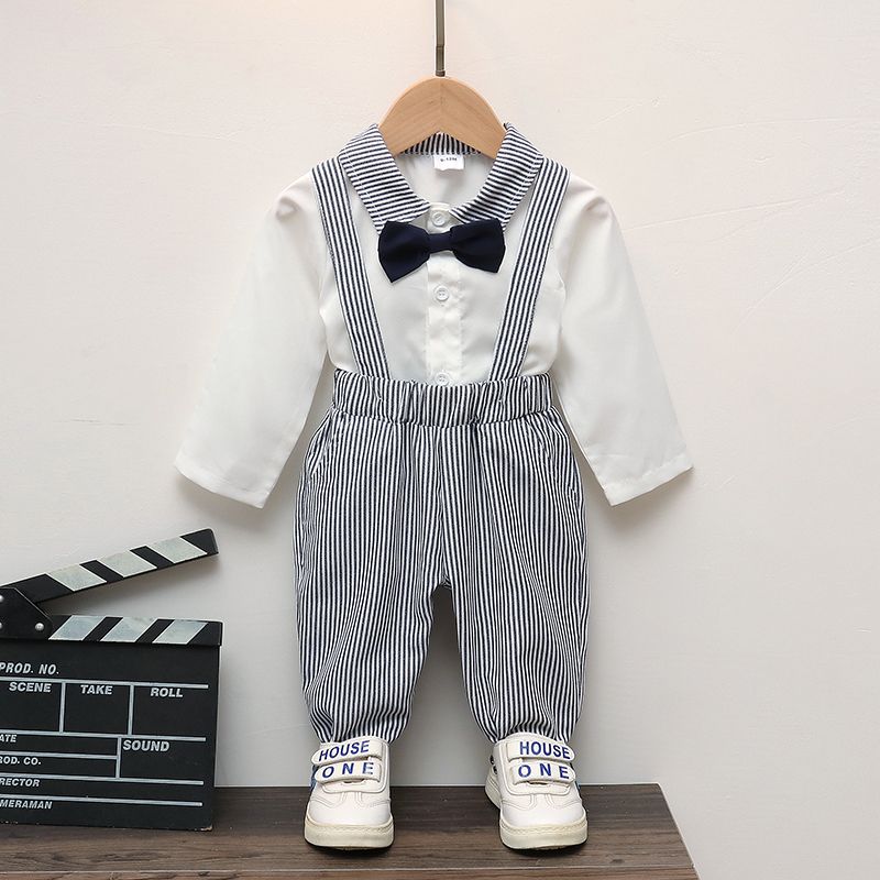 2pcs Baby Boy Gentleman Bow Tie Front Long-sleeve Shirt and Pinstriped Suspender Pants Set White big image 1
