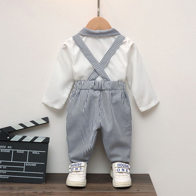 2pcs Baby Boy Gentleman Bow Tie Front Long-sleeve Shirt and Pinstriped Suspender Pants Set White big image 2
