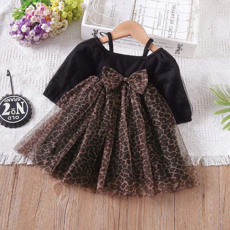 Baby Girl Rib Knit Spaghetti Strap 3/4 Sleeve Spliced Leopard Mesh Dress Black big image 1