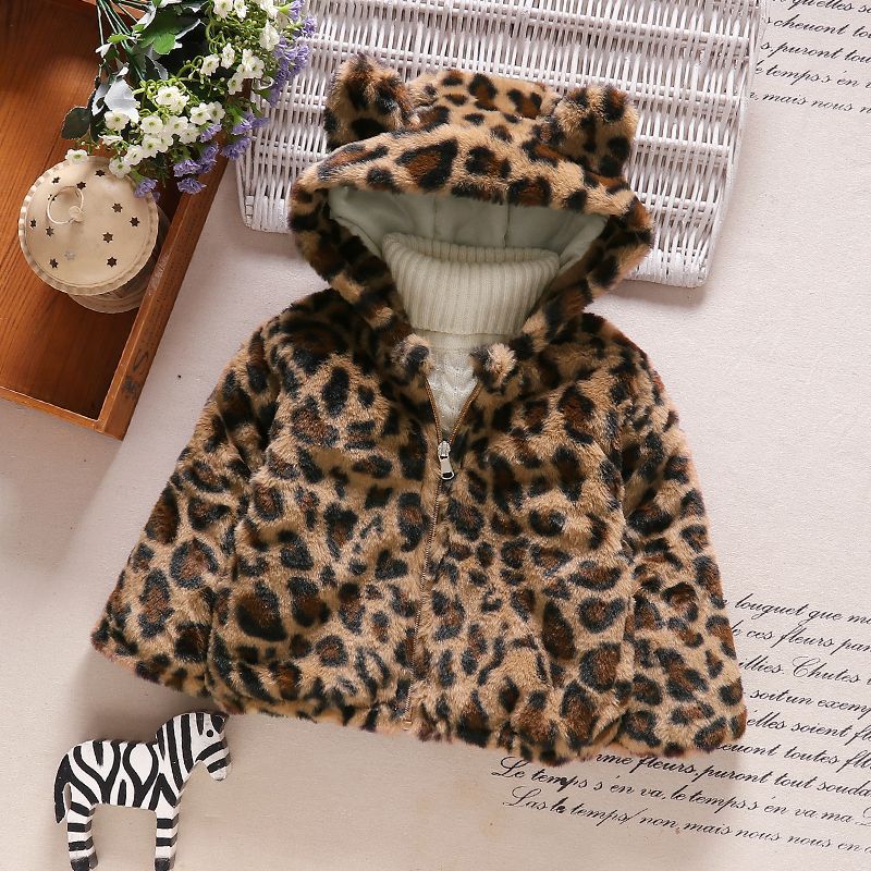 Toddler Girl/Boy Playful Ear Design Leopard Print Fluffy Fleece Coat Brown