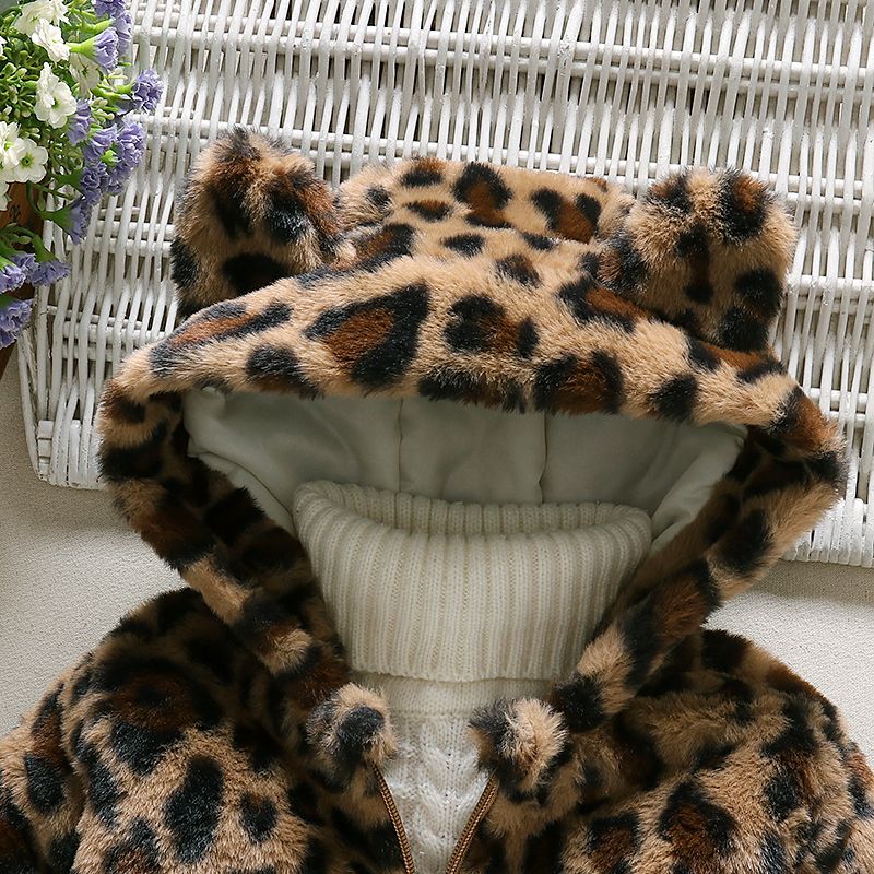 Toddler Girl/Boy Playful Ear Design Leopard Print Fluffy Fleece Coat Brown big image 3