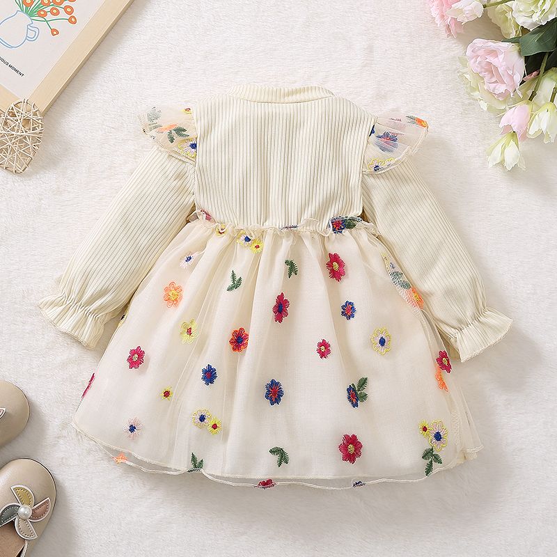 Baby Girl Allover Colorful Floral Embroidered Mesh Spliced Rib Knit Long-sleeve Dress Beige big image 2