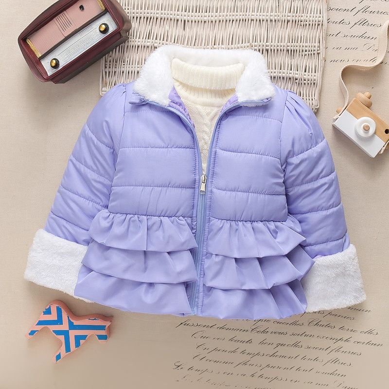Toddler Girl Stand Collar Fleece Splice Ruffled Layered Padded Coat Blue