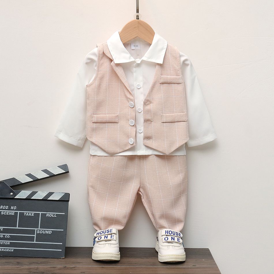 3pcs Baby Boy Party Outfits Long-sleeve Shirt and Plaid Waistcoat with Pants Set Apricot big image 1