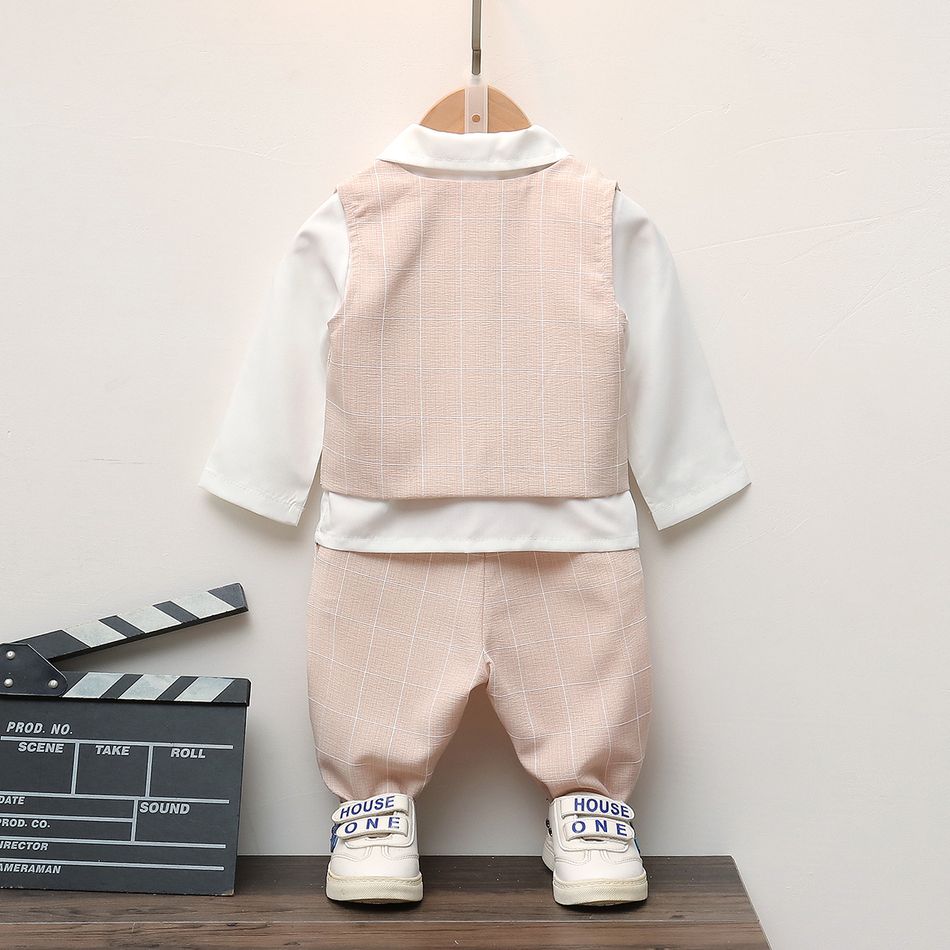 3pcs Baby Boy Party Outfits Long-sleeve Shirt and Plaid Waistcoat with Pants Set Apricot big image 2