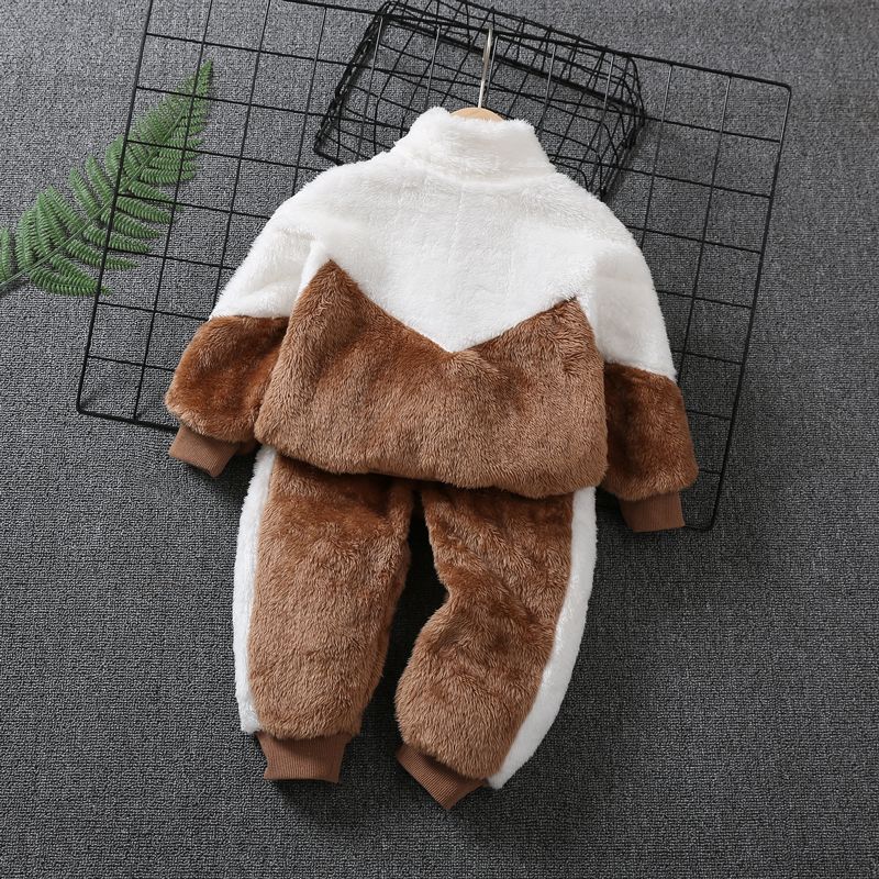 2pcs Toddler Boy Trendy Colorblock Fleece Jacket and Pants Set Brown&White big image 2