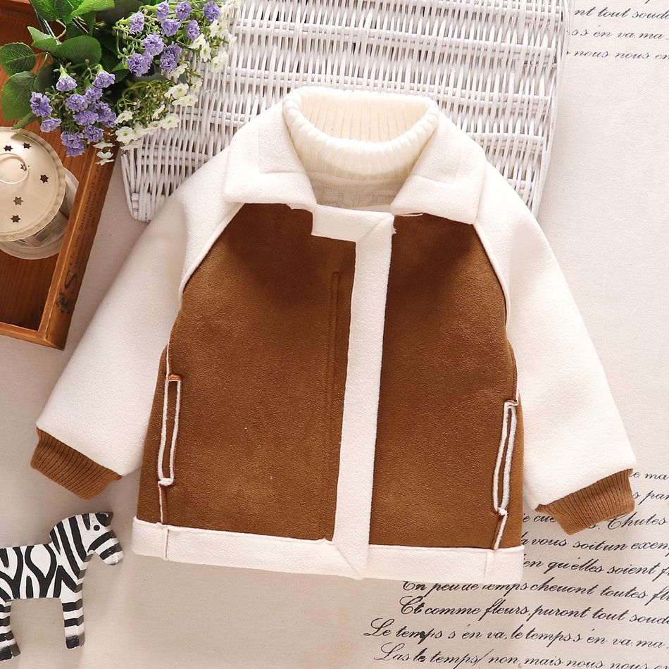 Toddler Girl/Boy Trendy Colorblock Fleece Lapel Collar Coat Brown big image 2
