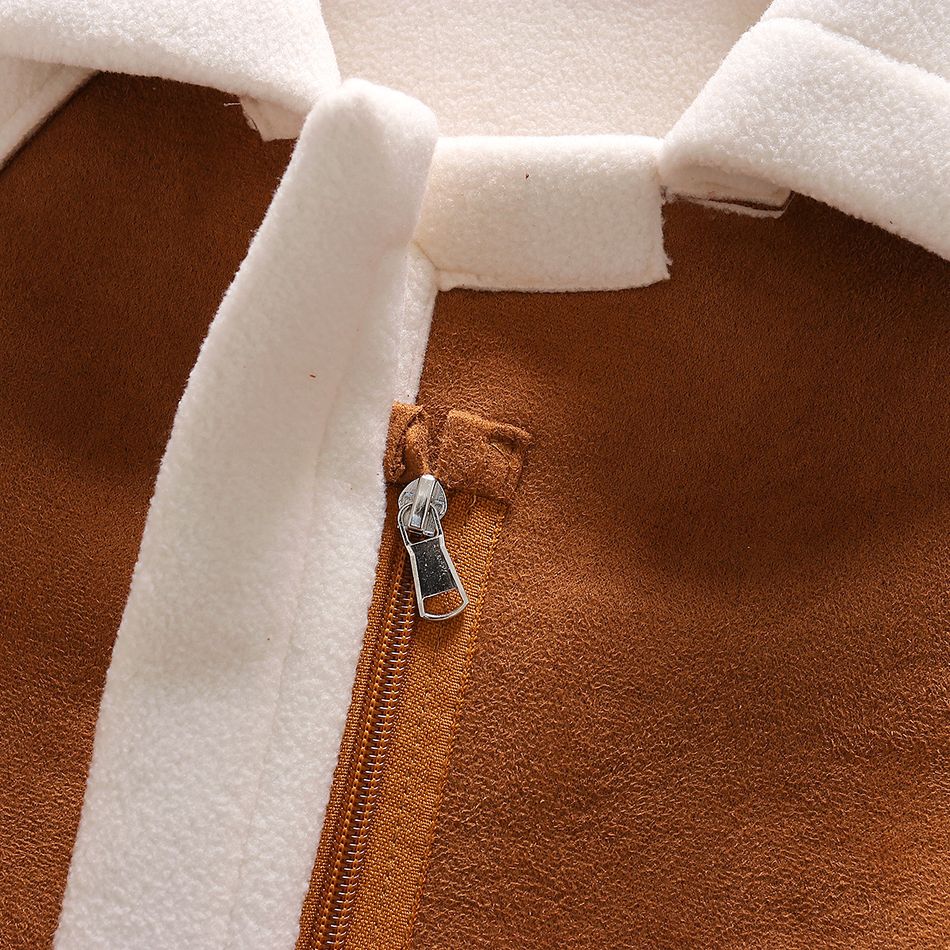 Toddler Girl/Boy Trendy Colorblock Fleece Lapel Collar Coat Brown big image 5