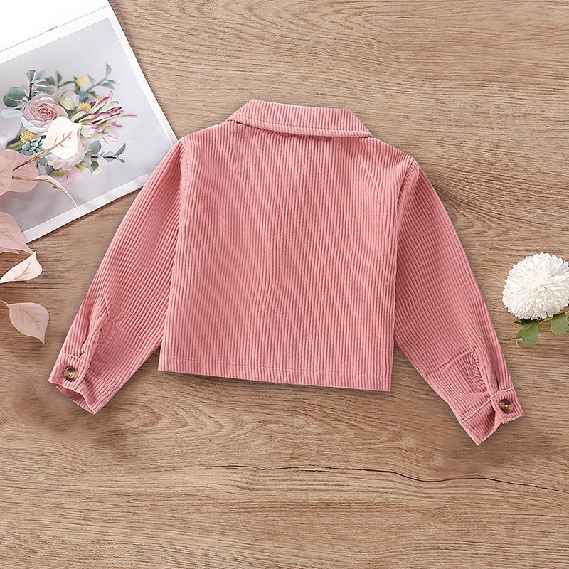 Toddler Girl Lapel Collar Button Design Pocket Pink Ribbed Jacket Coat Pink