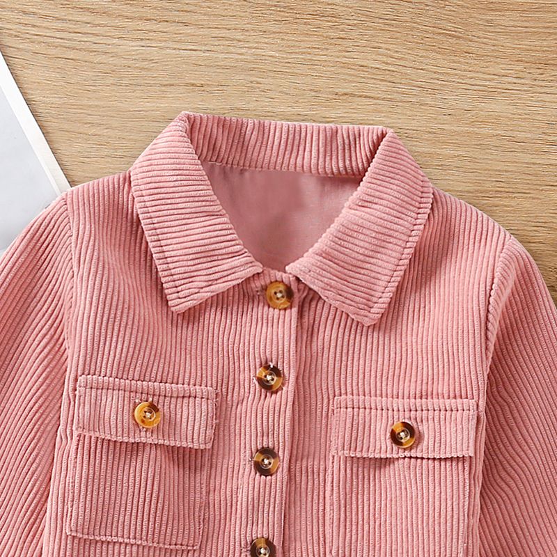 Toddler Girl Lapel Collar Button Design Pocket Pink Ribbed Jacket Coat Pink big image 4