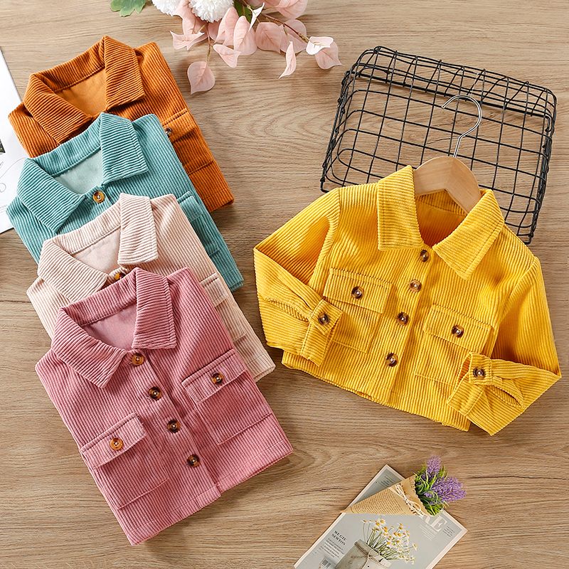 Toddler Girl Lapel Collar Button Design Pocket Pink Ribbed Jacket Coat Pink big image 2