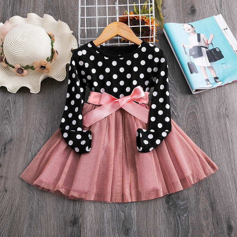 100% Cotton Polka Dot Long-sleeve Splicing Mesh Princess Baby Bowknot Party Dress Black