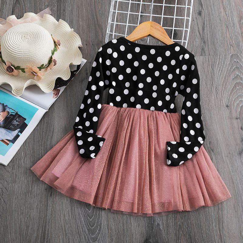 100% Cotton Polka Dot Long-sleeve Splicing Mesh Princess Baby Bowknot Party Dress Black big image 2