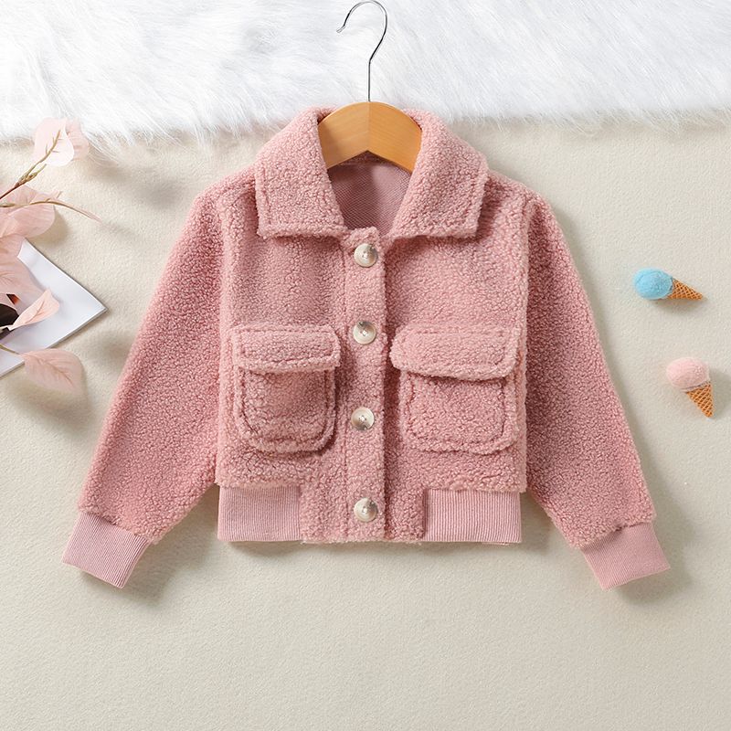Toddler Girl 100% Cotton Lapel Collar Button Design Fuzzy Pink Jacket Coat Pink