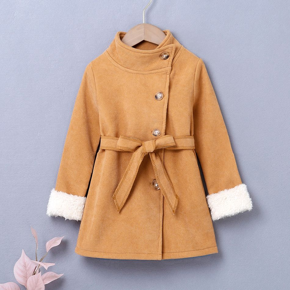 Toddler Girl Fleece Design Button Belted Brown Corduroy Coat Brown