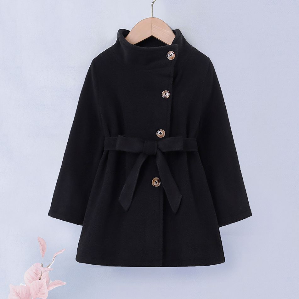 Toddler Girl Button Design Stand Collar Belted Black Coat Black