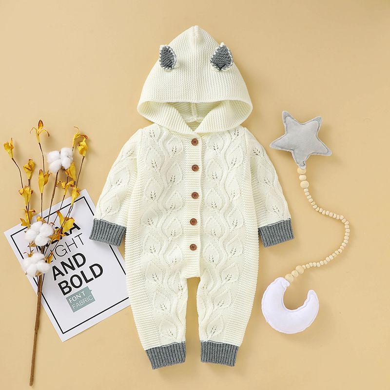 Solid Knitted Hooded Long-sleeve Baby Jumpsuit White big image 1