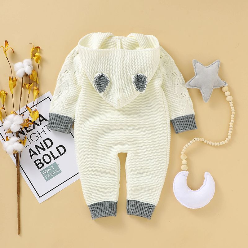 Solid Knitted Hooded Long-sleeve Baby Jumpsuit White big image 6