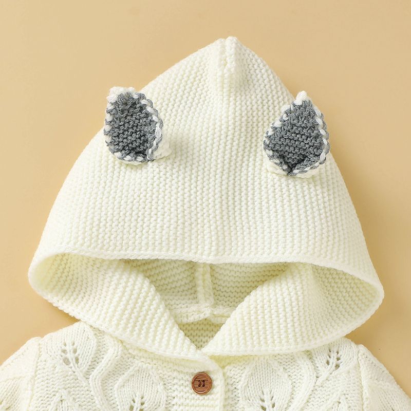 Solid Knitted Hooded Long-sleeve Baby Jumpsuit White big image 2