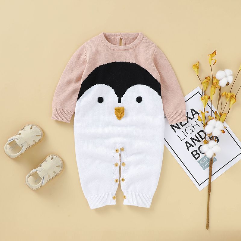 100% Cotton 3D Penguin Beak Knitted Long-sleeve Baby Jumpsuit Light Pink