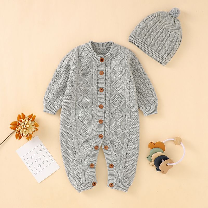 100% Cotton 2pcs Solid Knitted Long-sleeve Baby Set Grey big image 1
