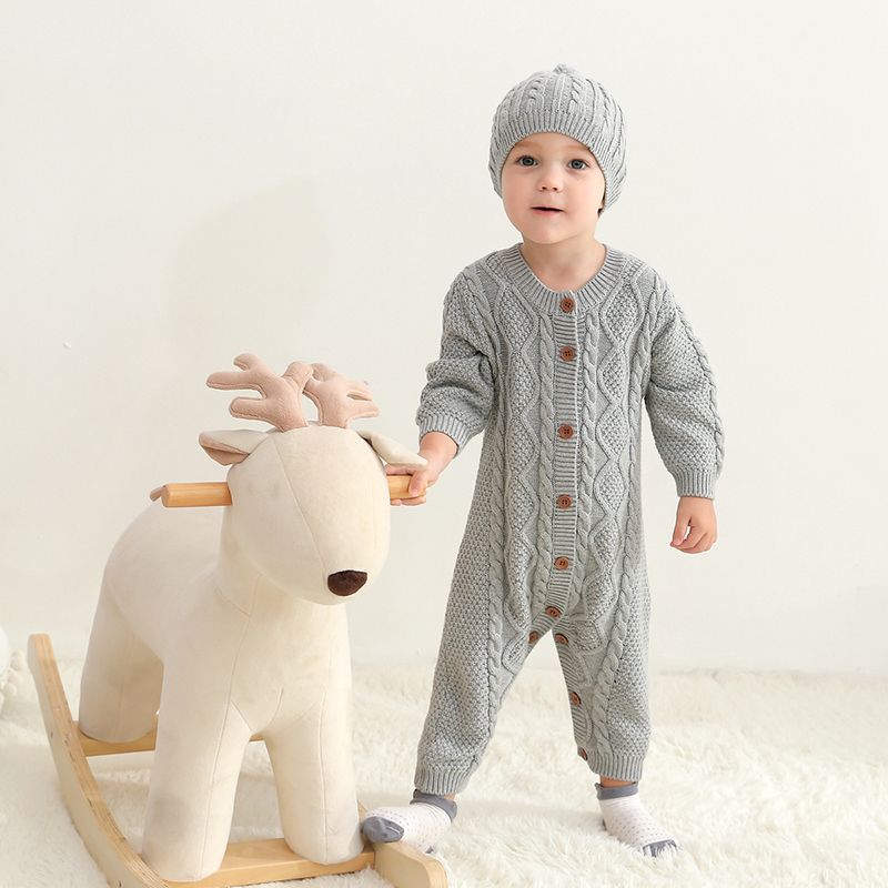 100% Cotton 2pcs Solid Knitted Long-sleeve Baby Set Grey big image 8