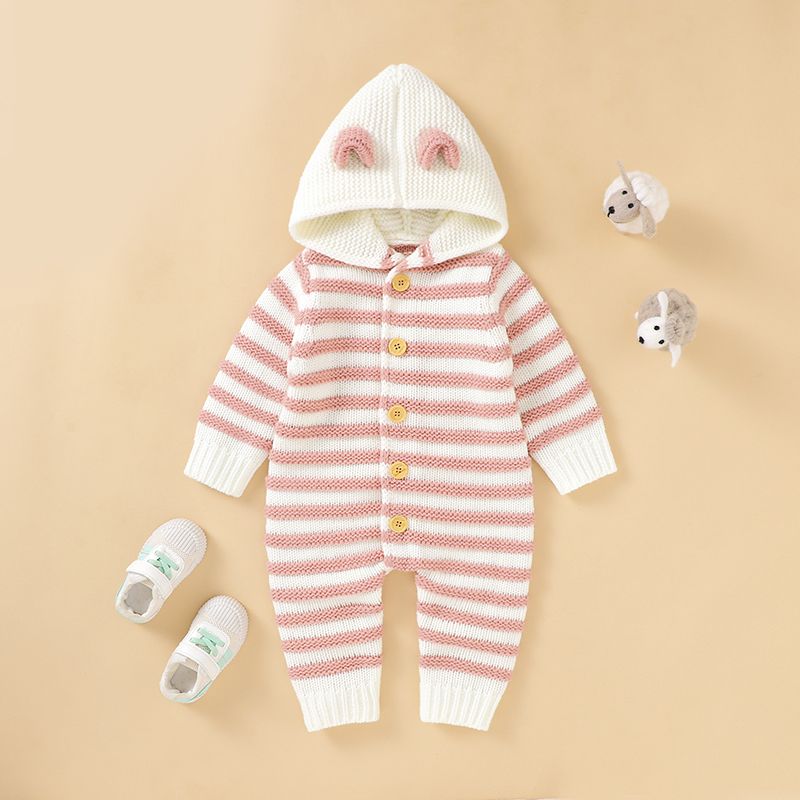 Stripe Print 3D Ear Hoodie Long-sleeve Knitted Baby Jumpsuit Pink