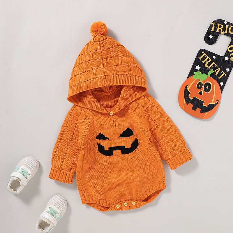 Halloween Pumpkin Knitted Long-sleeve Baby Hoodie Sweater Romper Orange big image 1