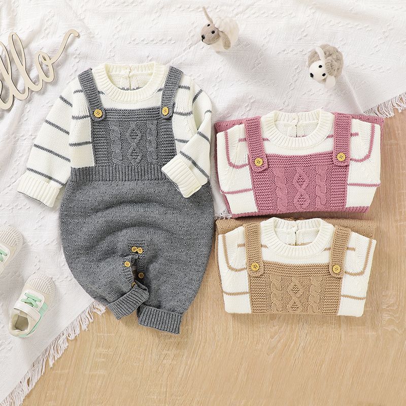 Baby Striped Long-sleeve Splicing Knitted Jumpsuit Pink big image 11