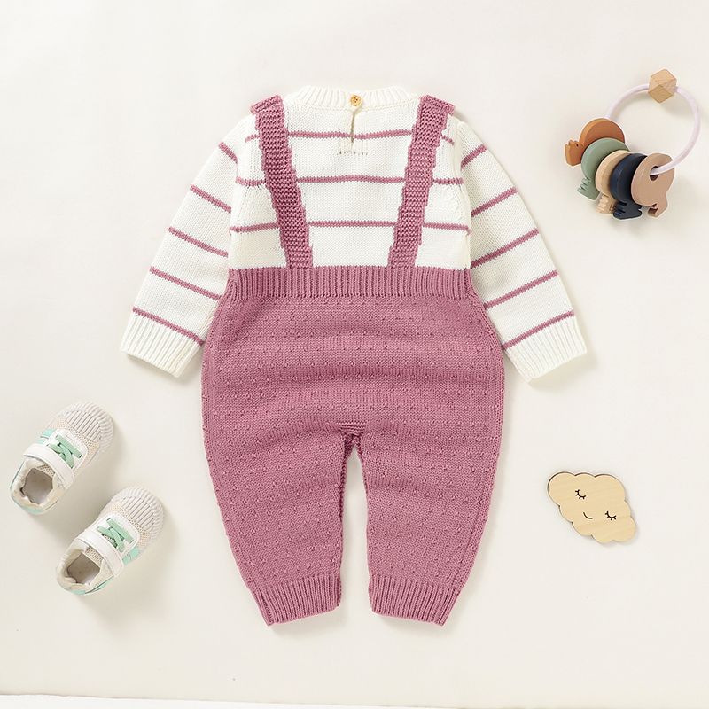 Baby Striped Long-sleeve Splicing Knitted Jumpsuit Pink big image 8