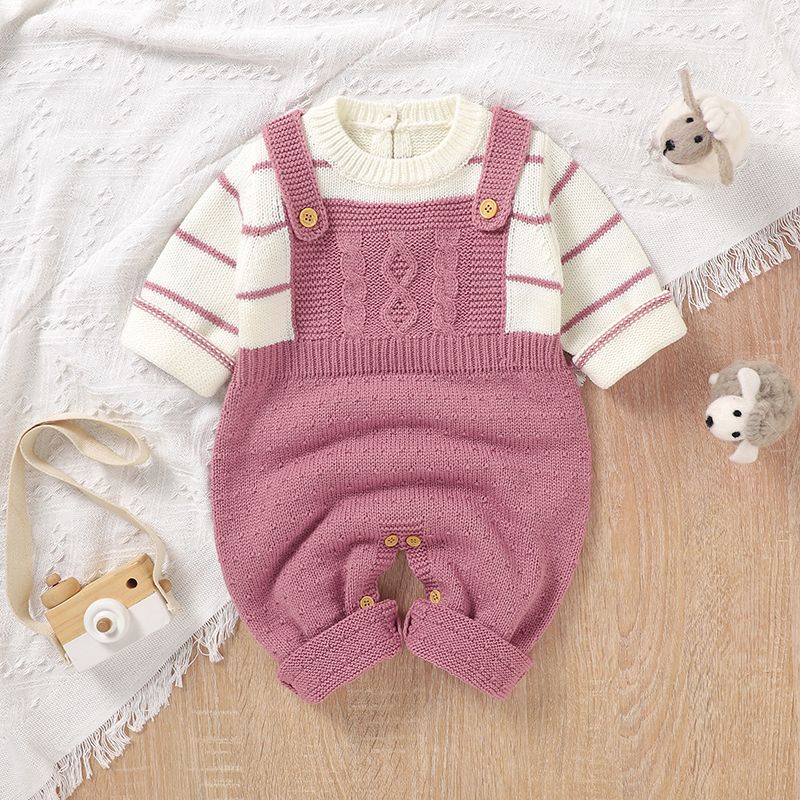 Baby Striped Long-sleeve Splicing Knitted Jumpsuit Pink big image 2