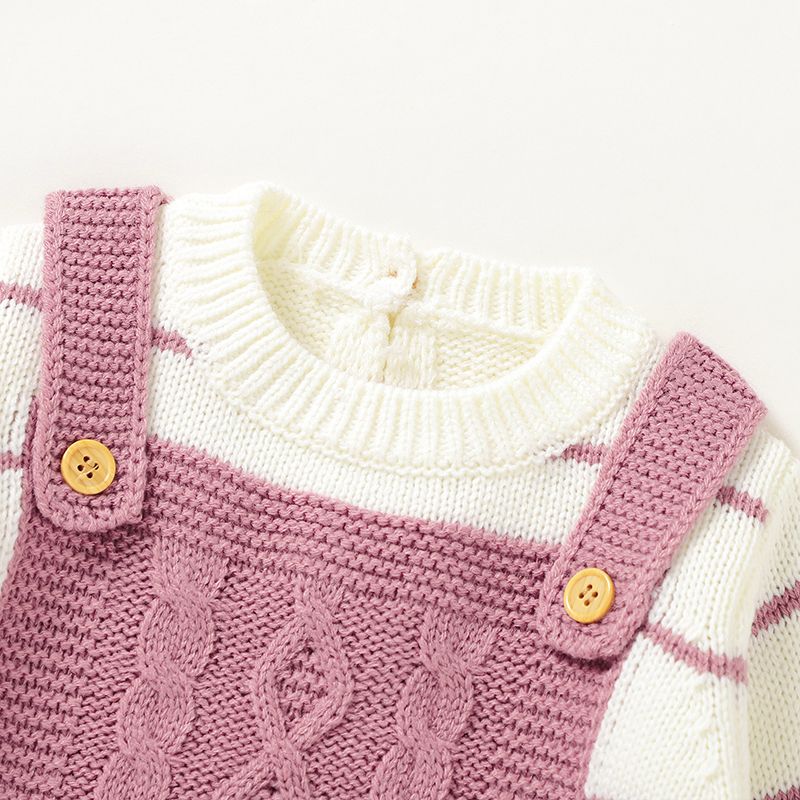 Baby Striped Long-sleeve Splicing Knitted Jumpsuit Pink big image 3