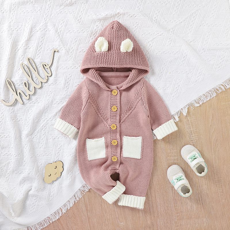 Baby Solid Knitted Long-sleeve 3D Ears Hooded Jumpsuit Pink