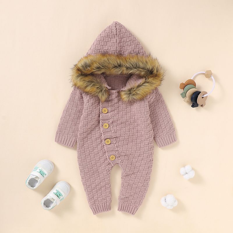 Baby Boy/Girl Solid Knit Button Down Long-sleeve Faux Fur Hooded Jumpsuit Pink