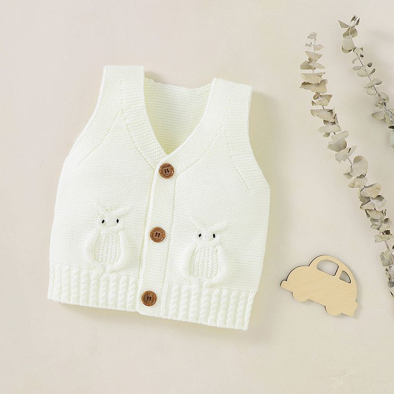 Baby Boy/Girl Owl Design Sleeveless Button Up Solid Knitted Vest White big image 2