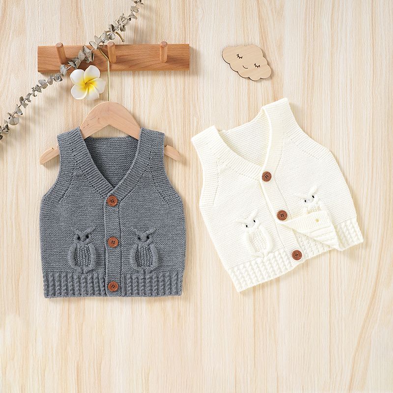 Baby Boy/Girl Owl Design Sleeveless Button Up Solid Knitted Vest White big image 7